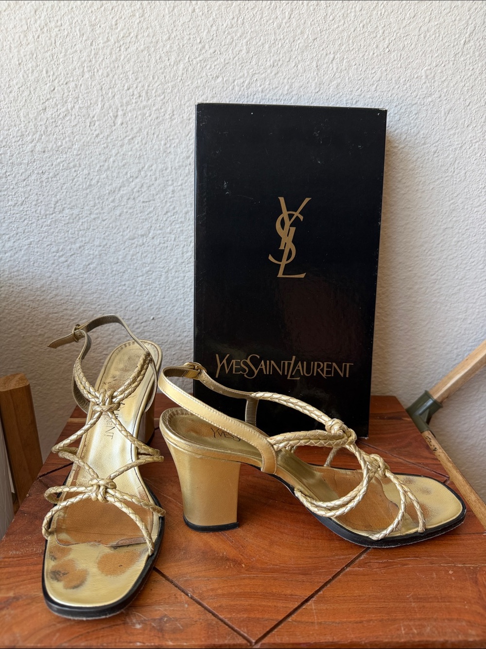 90’s Yves Saint Laurent Gold Braided Strap Heeled Sandals